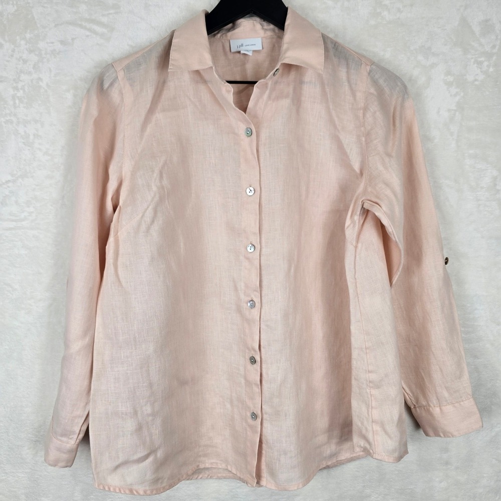 J. Jill Love Linen Peach Button Down Roll Tab Sleeve Shirt XS Petite Long Sleeve
